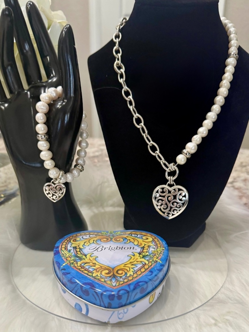 Brighton Contempo Heart Pearl Charm Necklace , Bracelet